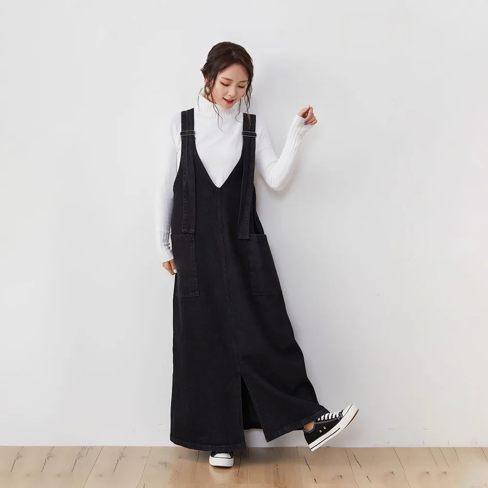 

2022 Women Overalls Dress Loose Korean Autumn Spring Straps Long Dresses Maxi V-neck Smoky Casual Simple Casual Pocket Split