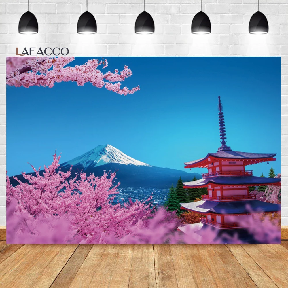 

Laeacco Japanese Style Building Osaka Landscape Photography Backdrop Cherry Mount Fuji Asian Travel Kids Portrait Background