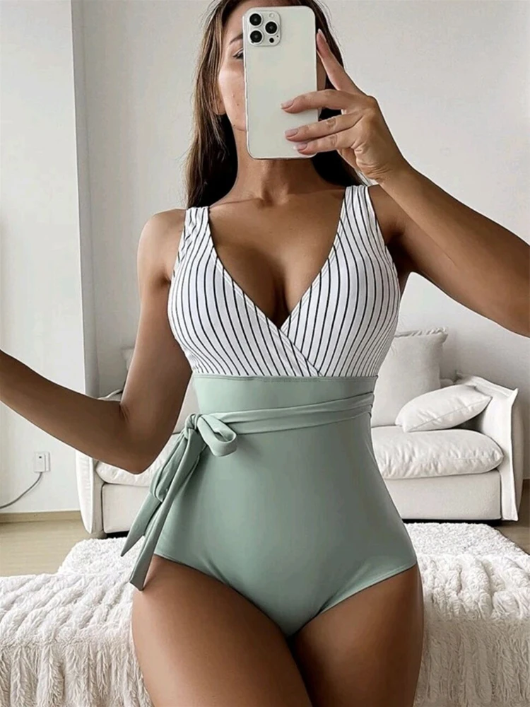 

Цельный купальник, женский купальник, полосатый бандажный Монокини, сексуальный купальный костюм с глубоким V-образным вырезом, женская пляжная одежда, летние купальные костюмы