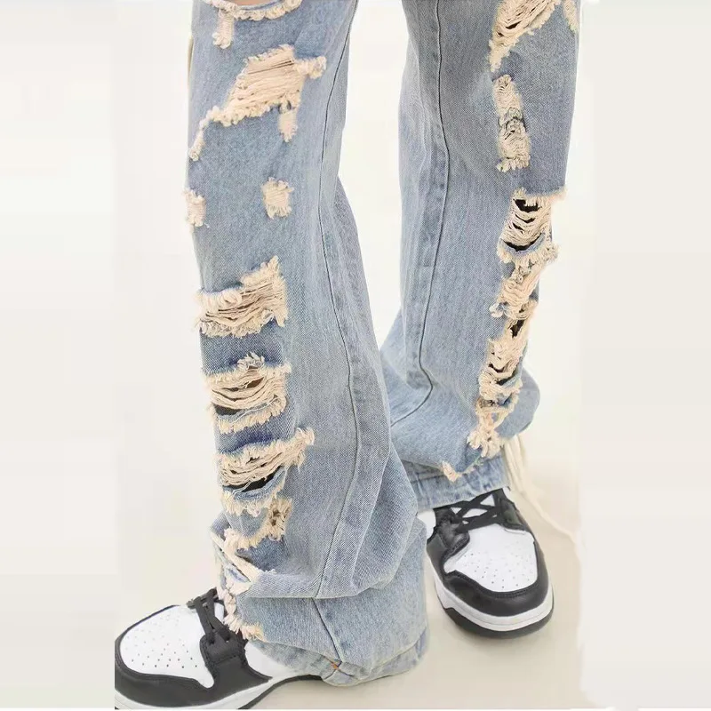 Four Seasons Men's Trousers High Street Trend Big Hole Side Tie Design Hip-Hop Jeans Men's and Women's Same Style Ins Hot Sale