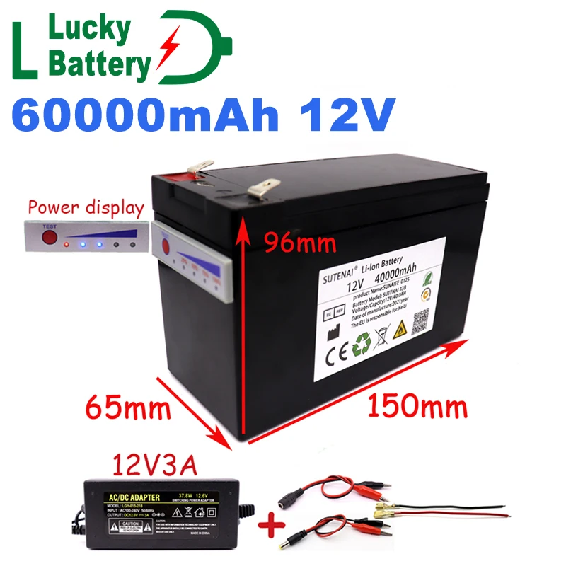 Lucky-batería de litio de 12V para energía Solar y vehículo eléctrico, paquete de batería con cargador, 60a, 18650