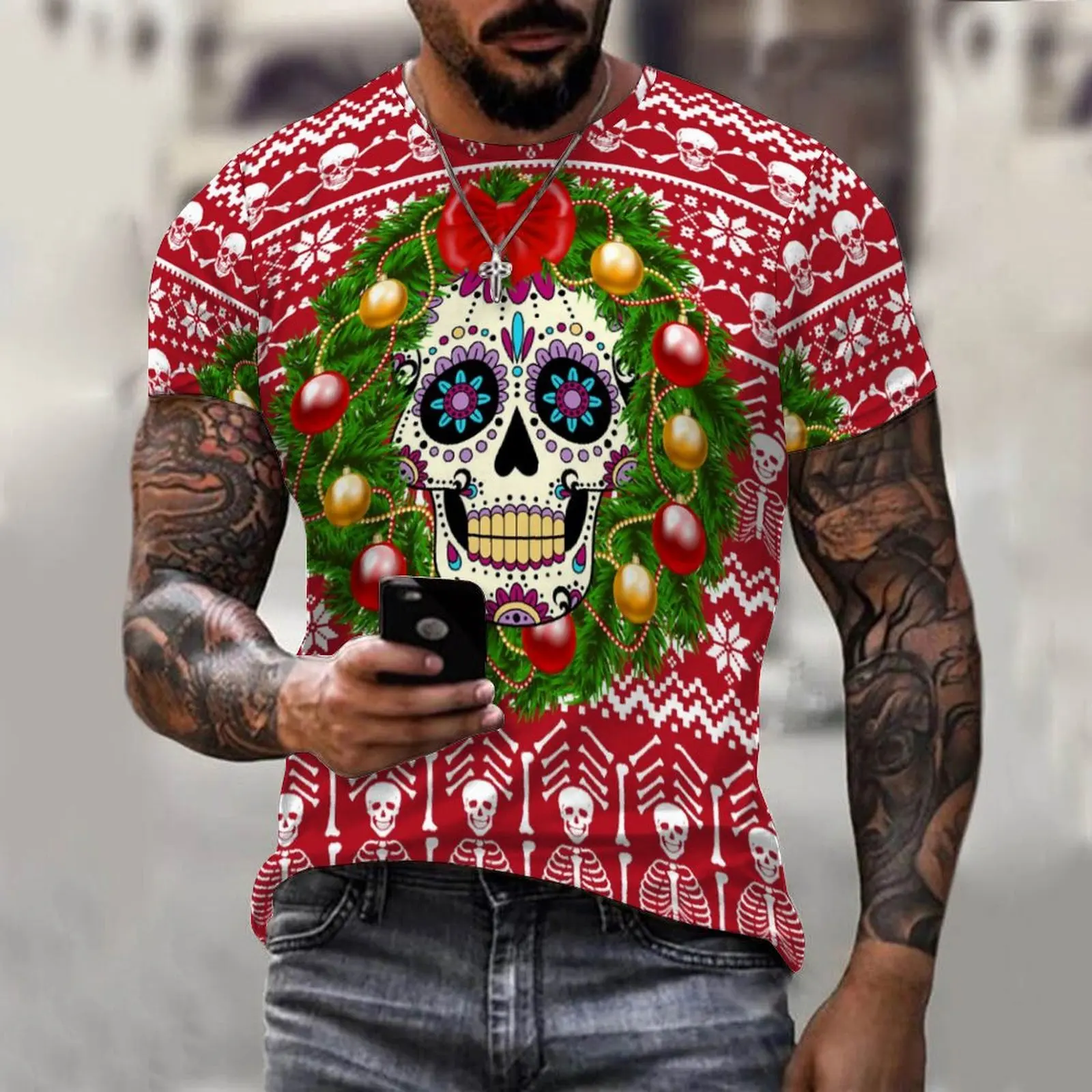 

2022 Arrival Men's t-Shirts Men Hawaiian Camicias Casual One Button tShirts Christmas Skull Printed Short-sleeve Blouses Tops