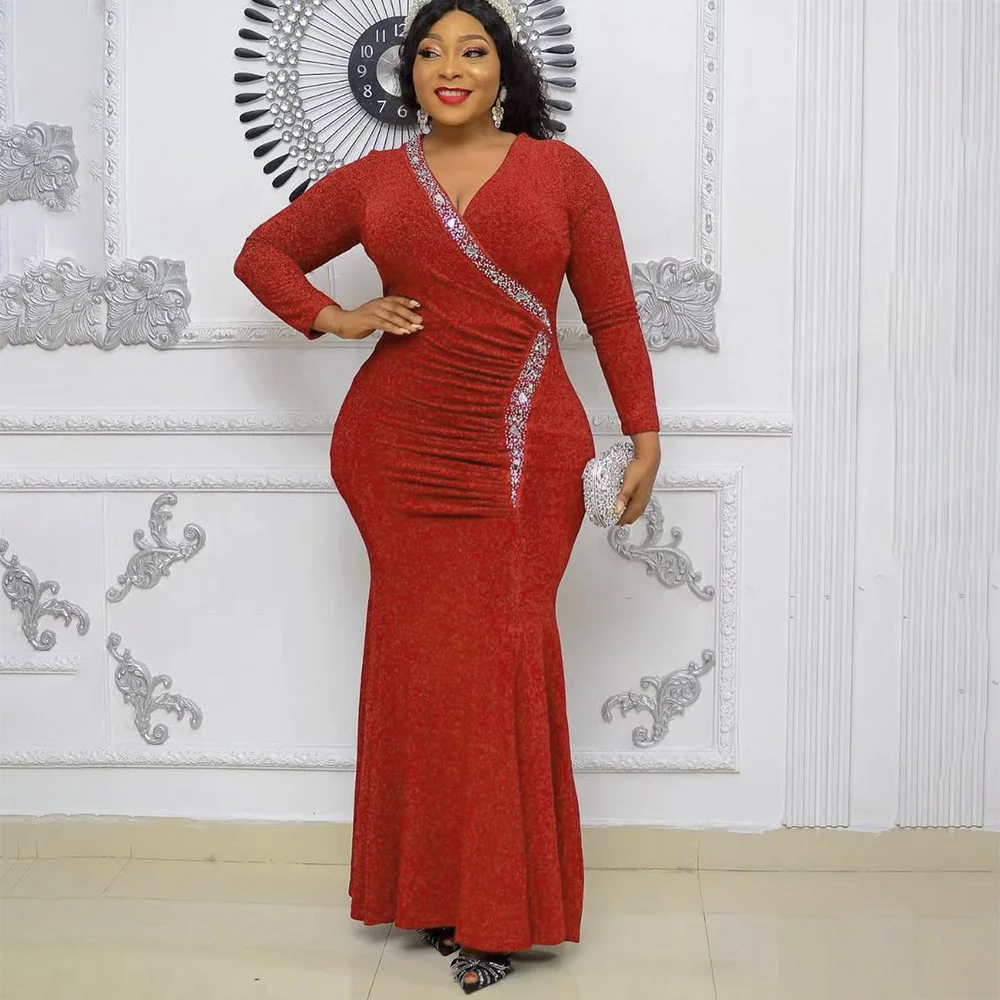 

Plus size Fashion new oversize women's dress 2022 New style celebrity evening dress Hot drilling V-neck lCultivation ong skirt