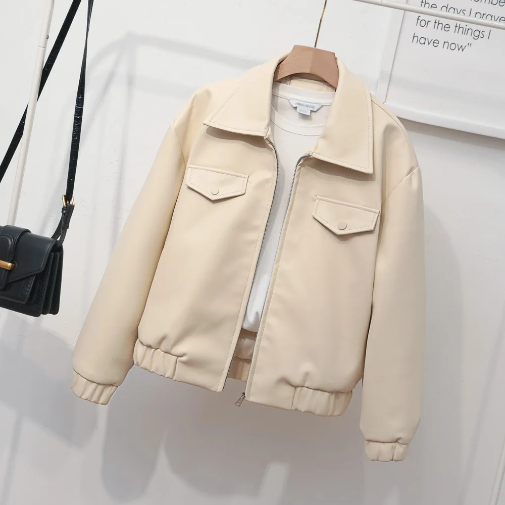 2023 Spring lapel women's loose soft leather clothes threaded cuffs hem leather jacket hidden pocket