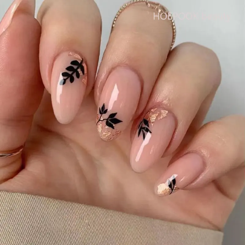 

24pcs Leaf Gold Foil Almond Fake Nails With Glue Reusable Full Coverage Waterproof False Nails Set Removable Press On Nail Tips