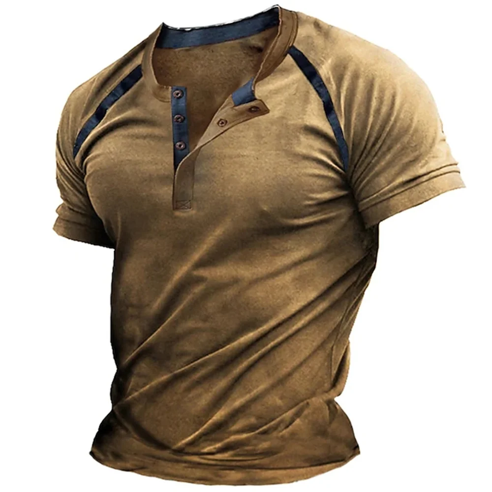 

T Shirt Men's Henley Summer Graphic Button Plain 3d Print Street Vintage Casual Short Sleeve Clothing Oversized Tops Streetwear