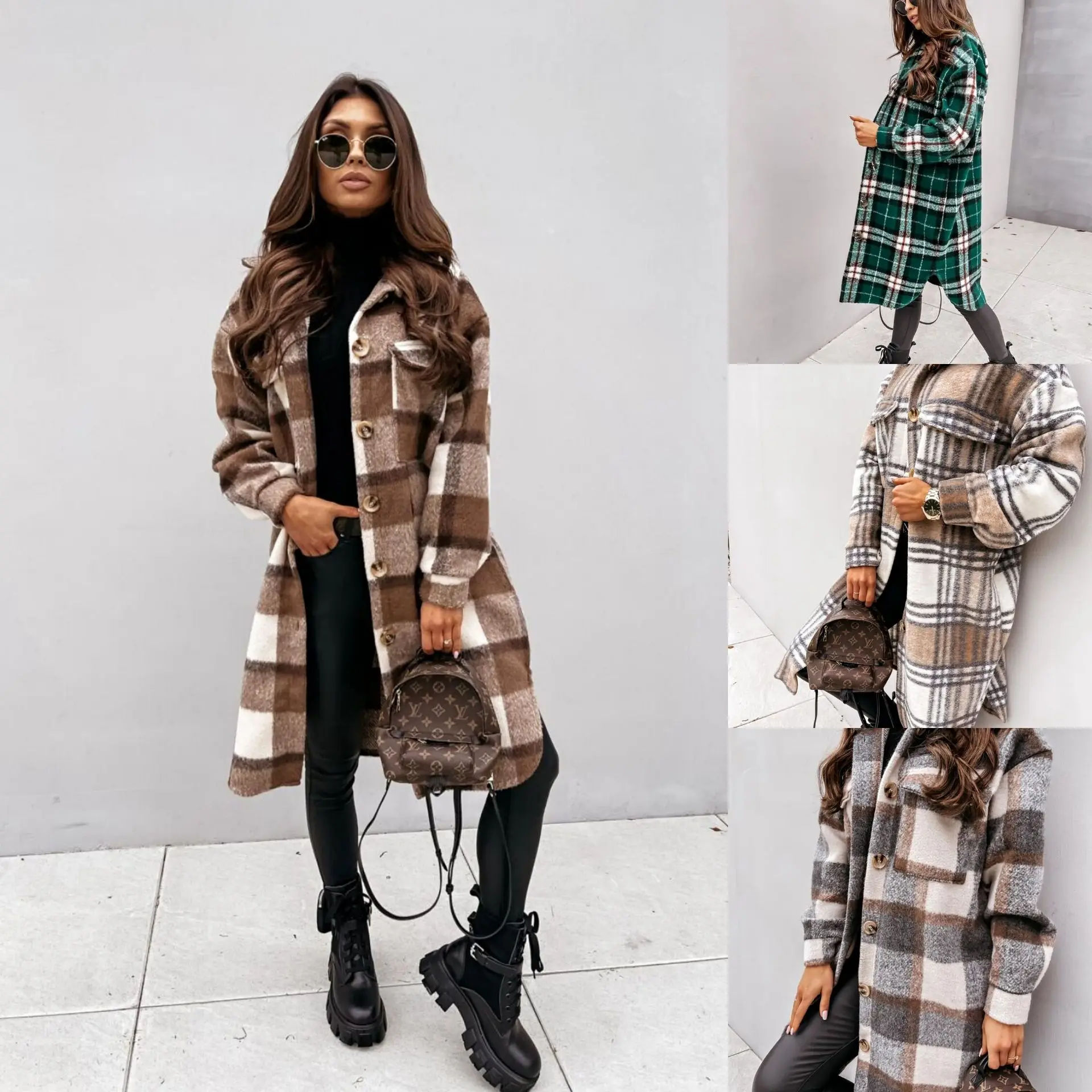 

Women's Trench Coat Shacket Long Plaid Coat with Pockets Slim Fit Coat Modern Style Street Fall Single Breasted Turndown Regular