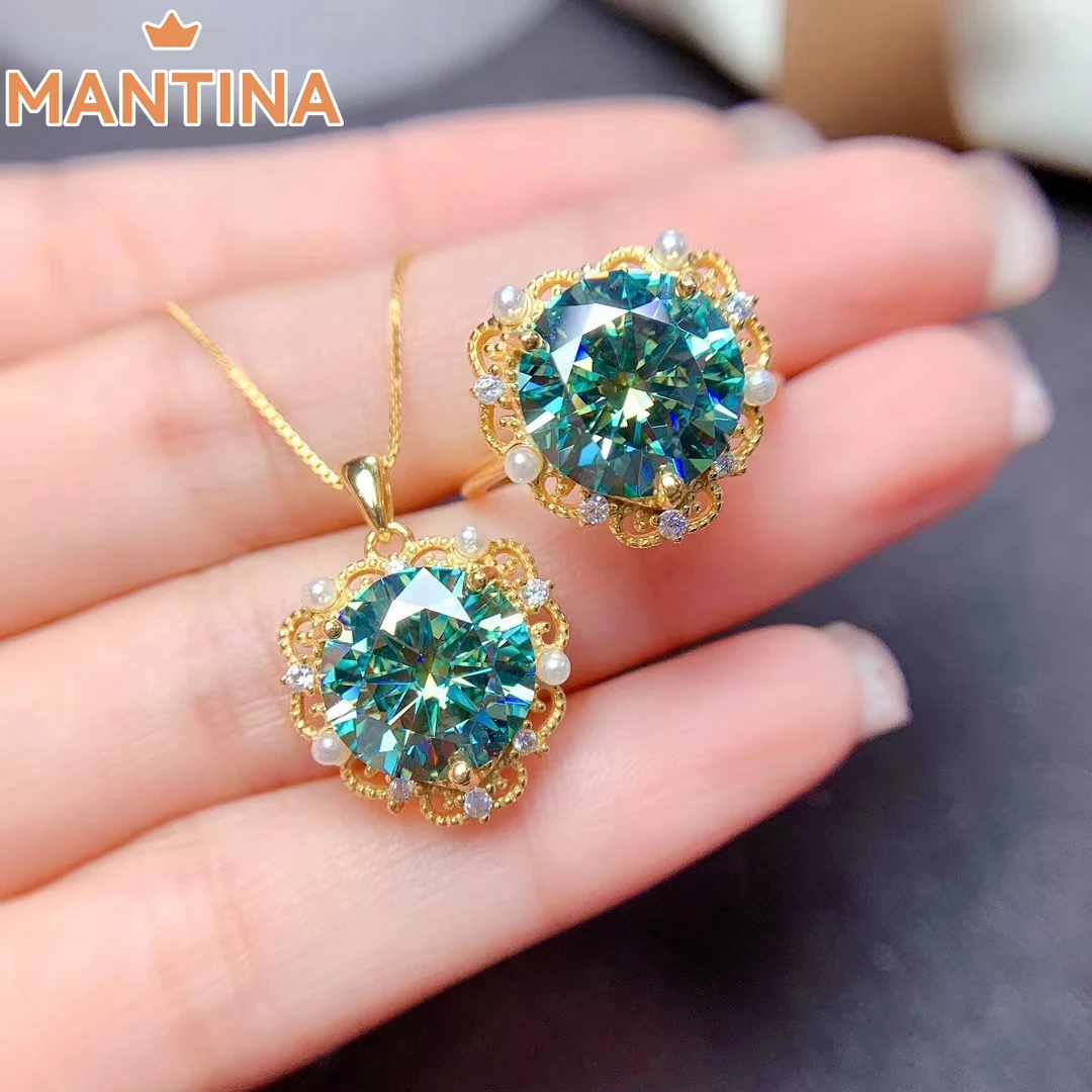 

S925 Sterling Silver Perfect Cut Diamond Tested 5 Carat Turquoise VVS1 Moissanite Ring Pendant Women's Luxury Set