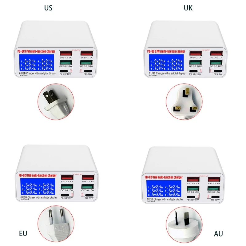 

6-Port PD 45W USB Charger Type C with PD Fast Charger and LCD Display High Temperature Resistance Intelligent Durable X3UF