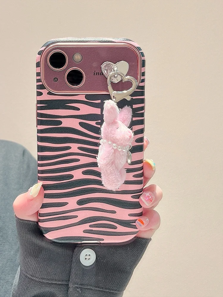 

Luxury Rose Zebra Leopard Print With Fur Pendant Phone Case For iPhone 15 Pro Max 14 13 12 Soft Silicone Leather Cover