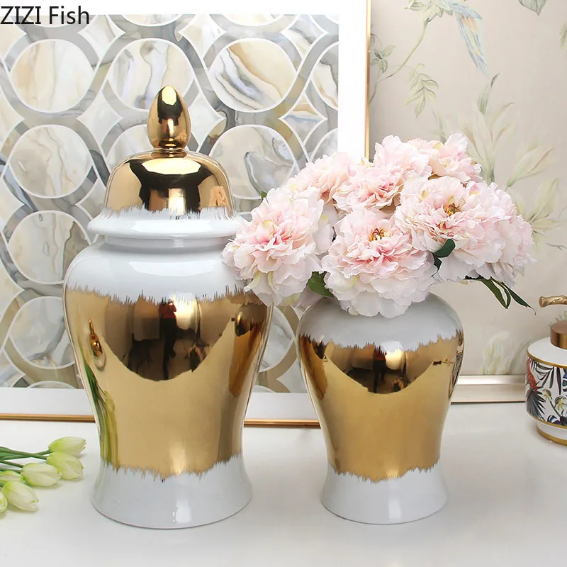 מינימליסטי זהב מצופה פורצלן כללי צנצנת עם מכסי קרמיקה פרח אגרטלי שולחן קישוט תכשיטי צנצנות קוסמטי מכולות