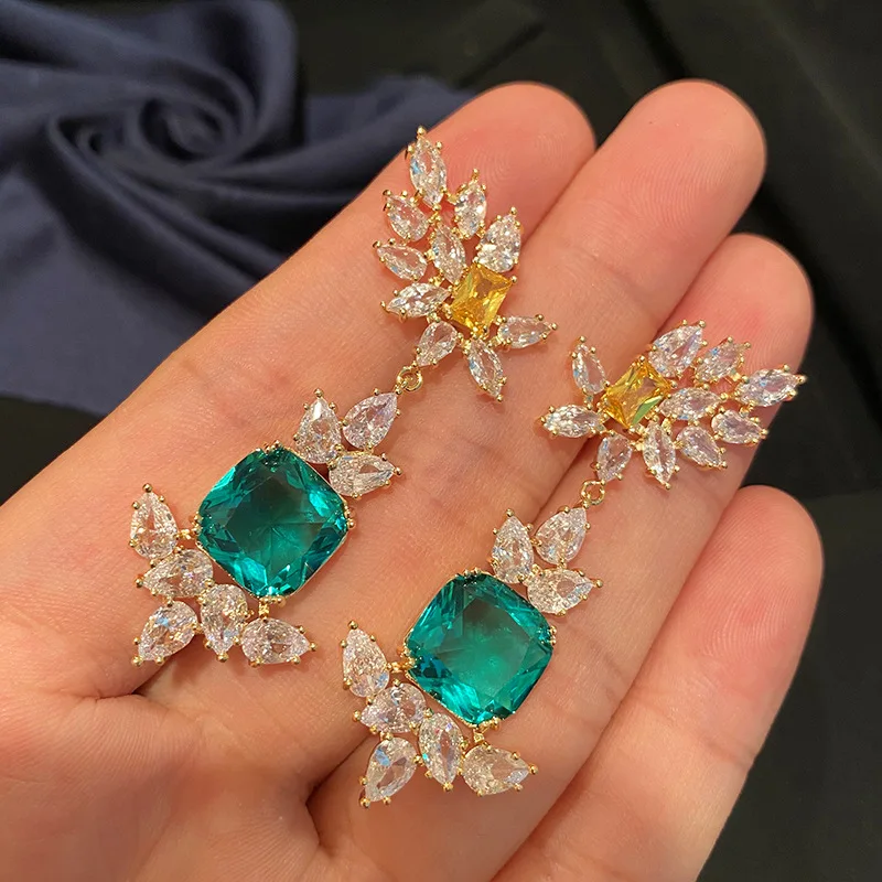 

Green Crystal Yellow Zircon Advanced Simple Earring Pendant Tassel Bird Flower for Women Water Droplets Rainbow High Jewelry
