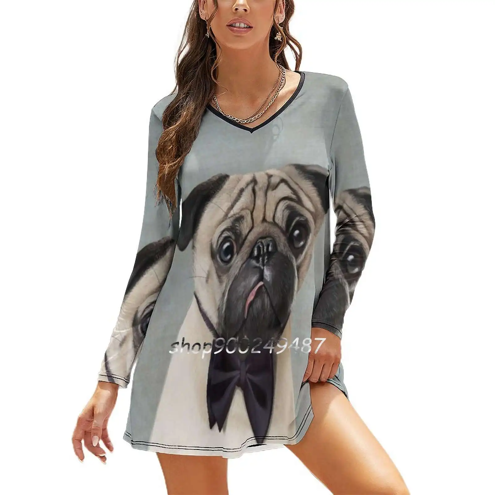 

Женское весенне-осеннее платье Mr Pug с длинным рукавом, женское Повседневное платье, светло-голубое платье для домашних животных, собак, Карл...
