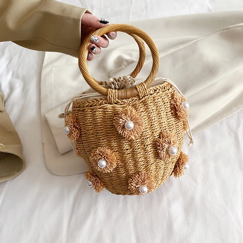 

Handmade Straw Bucket Bags for Women 2022 New Rhinestone Rystal Lady Best Handbags Summer Beach Holiday Travel Purses Tote
