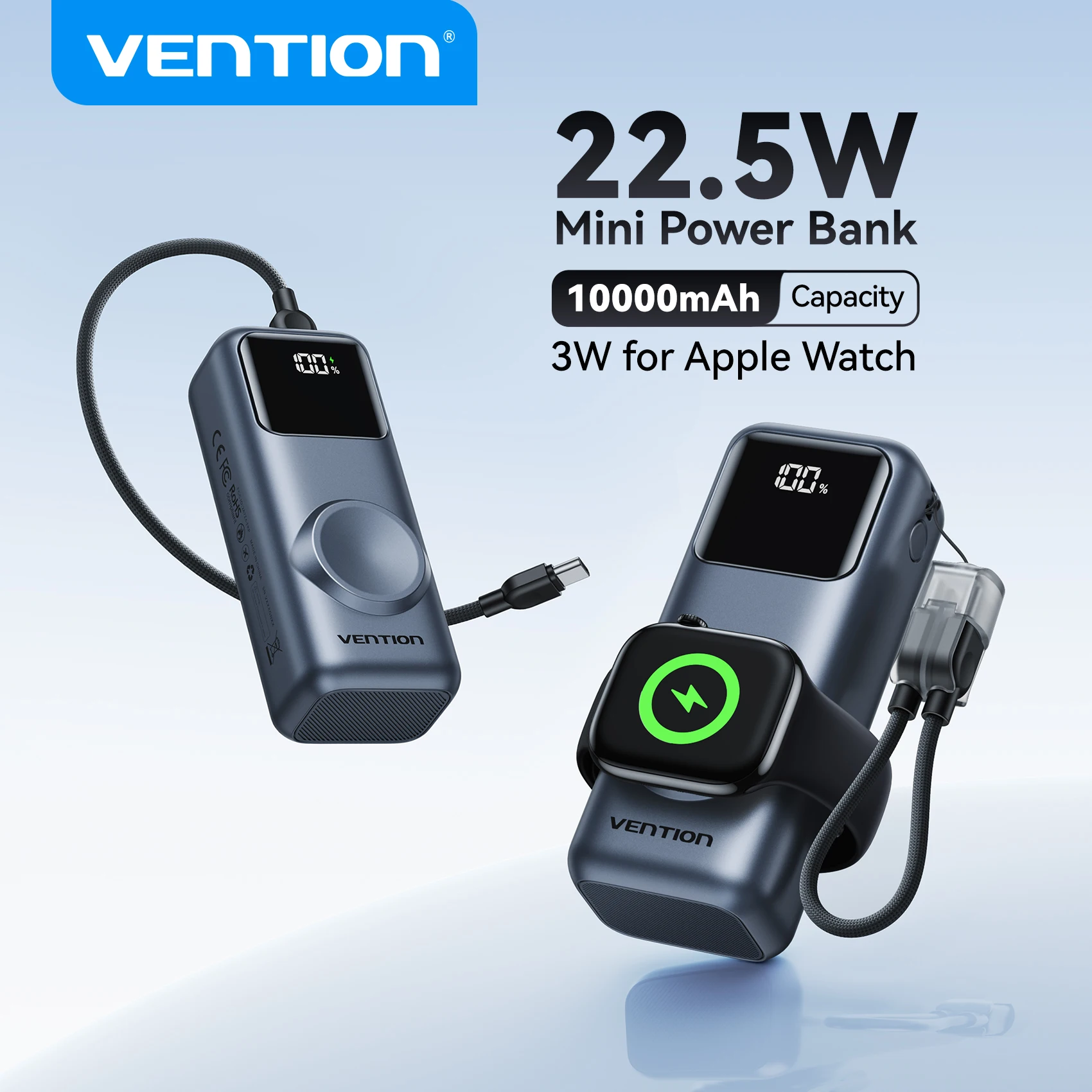 Фото Внешний аккумулятор Vention 10000 мАч, 22.5 Вт, быстрая зарядка для iPhone 17, 16, магнитное беспроводное зарядное устройство для Apple Watch Series 11, 10, 9 №1