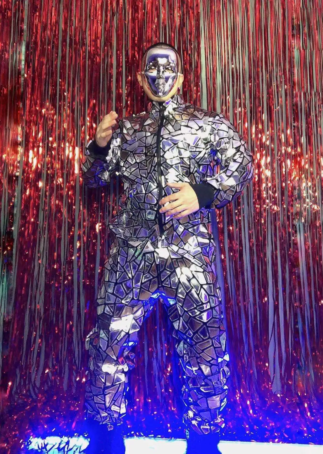 Long Sleeve Silver Sequins Loose Jumpsuit Male Singer Dancer Reflective Laser Costume Overalls Rock Hip Hop Performance Clothes