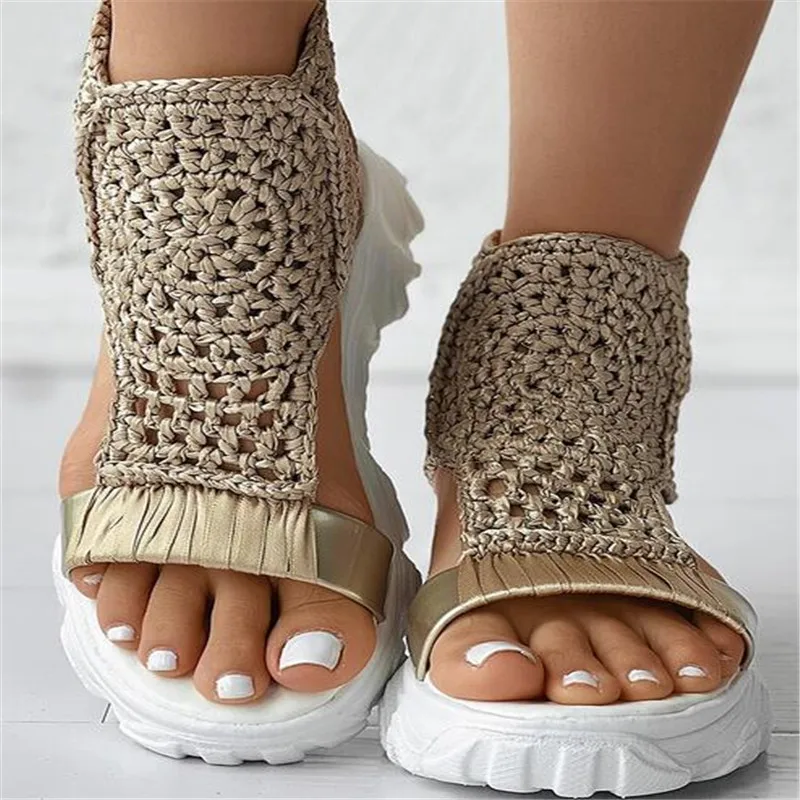 Sandals Women Braided Geometric Wedge Sandals Knitted Elastic Summer Shoes Mesh Flat Sandals Hollow Female Platform Shoes