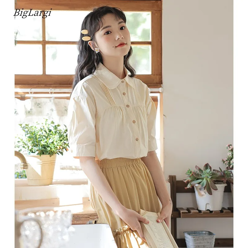 Summer Cotton Pleated Shirt Women Loose Korean Casual  Ladies Tops Short Sleeve Blouse 2023 Fashion New