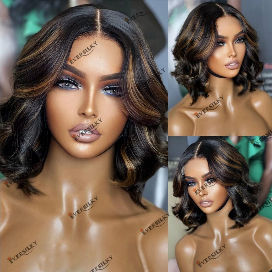 

13x4 Lace Front Wavy Bob Highlight Human Hair Wig for Women 150 Density Natural Hairline Remy Peruvian Hair 360 Lace Frontal Wig