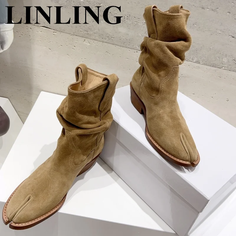 

Luxury Design Tabi Boots Split Toe Chunky Heel Women Boots Suede Leather Cowboy Boots Women Autumn Women Shoes Botas Mujer 2023