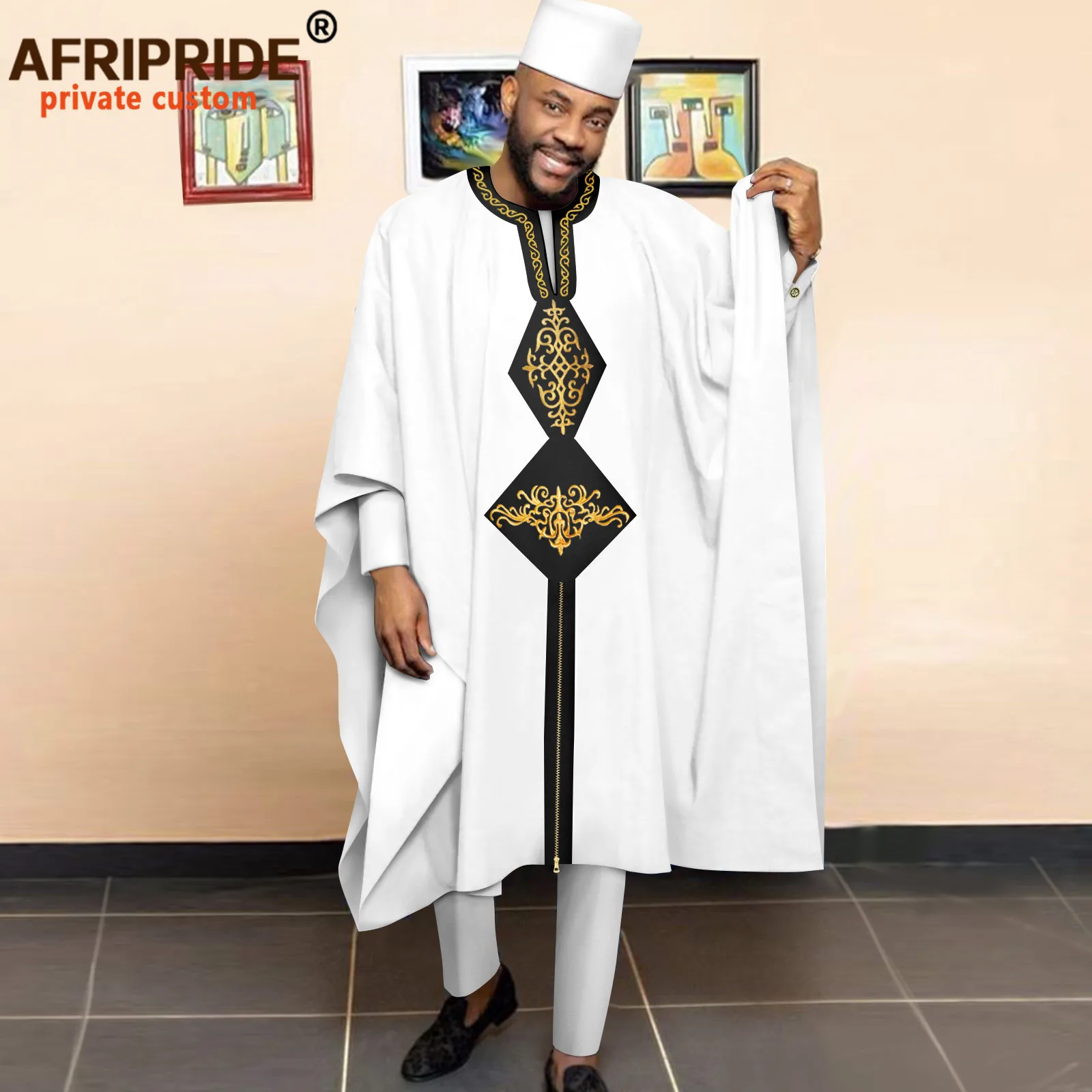 African Clothing for Men Embroidery Agbada Robes Shirts Pants and Hats 4 Piece Set Dashiki Outfits for Wedding Evening A2216053