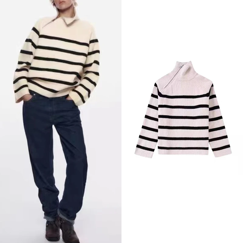 

Новинка 2022, женский свитер в полоску на молнии с воротником-стойкой и длинным рукавом, модные мягкие удобные топы в стиле High Street на осень и зи...