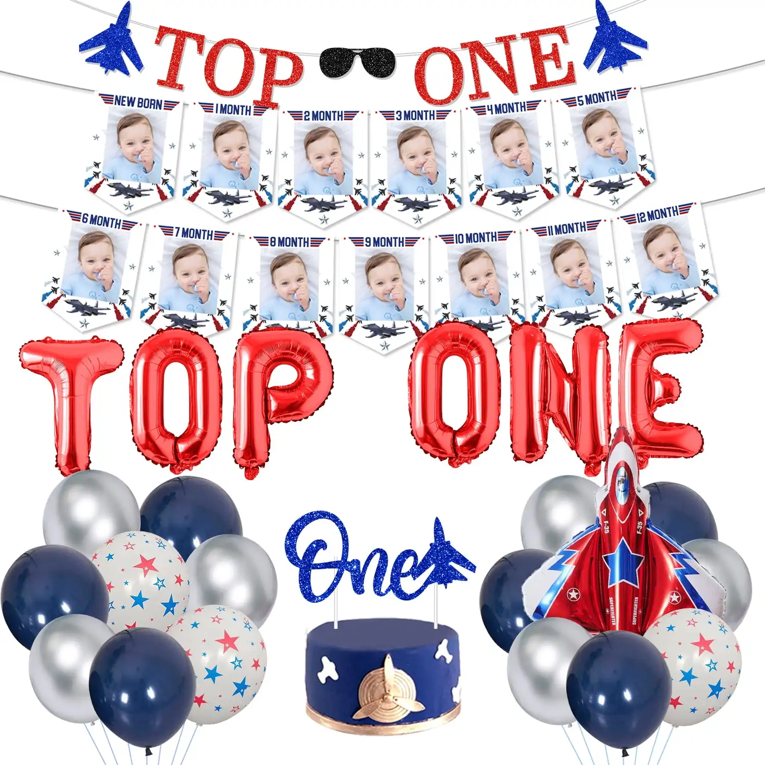 

Sursurprise Fighter Jet 1st Birthday Party Decorations for Boy Top One Glitter Banner Cake Topper Military Airplane Photo Banner