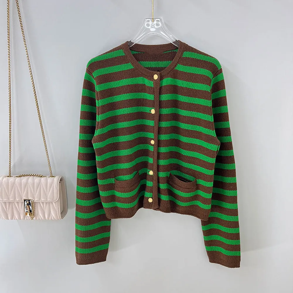 

Autumn Elegant Women's High Quality Designer Green Stripe Cardigans Hot Fashion O-neck Knitted Jaackets C813