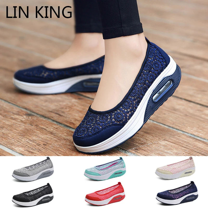

LIN KING Big Size Women Vulcanized Shoes Breathable Hollow Out Summer Outdoor Casual Swing Shoes Fashion Lace Slip On Loafers