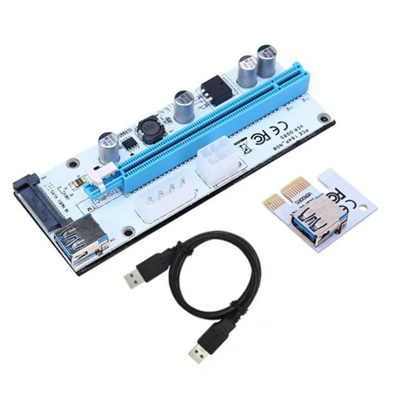 6 шт. VER008S 3 в 1 Райзер-карта Molex 4Pin SATA 6PIN PCIE PCI-E PCI Express кабель 1X до 16X USB 0 для майнинга