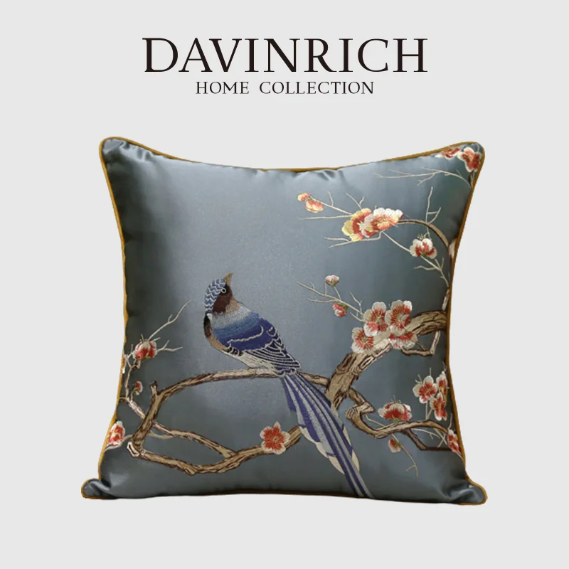 

Роскошная винтажная Подушка DAVINRICH в стиле ретро, чехол с изысканной вышивкой в виде цветущей вишни и птиц, чехол для подушки, чехол для скаме...