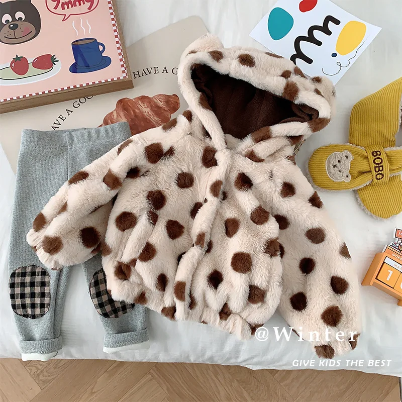 

Cute Dot Print Lambhair Long Sleeve Baby Coat Hooded Button Winter Casual Korean Style Newborn Kids Tops for Boys Girls