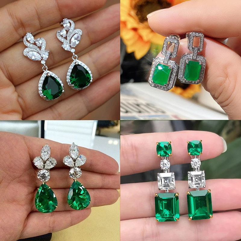 

JUNZI New Luxury Green Cubic Zircon Dangle Earrings for Women Sparkling Geometry Crystal Bridal Wedding Jewelry Christmas Gift