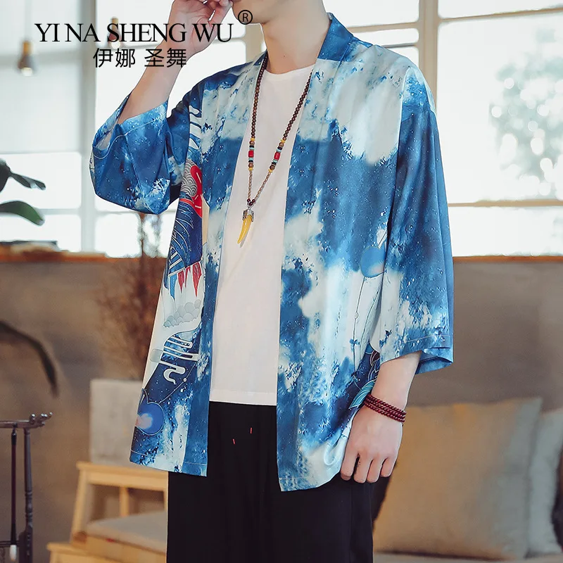 

Молодежная летняя рубашка в стиле ретро с принтом крашеных журавлей, мужская одежда в китайском стиле, большая свободная тонкая Солнцезащитная рубашка в японском стиле