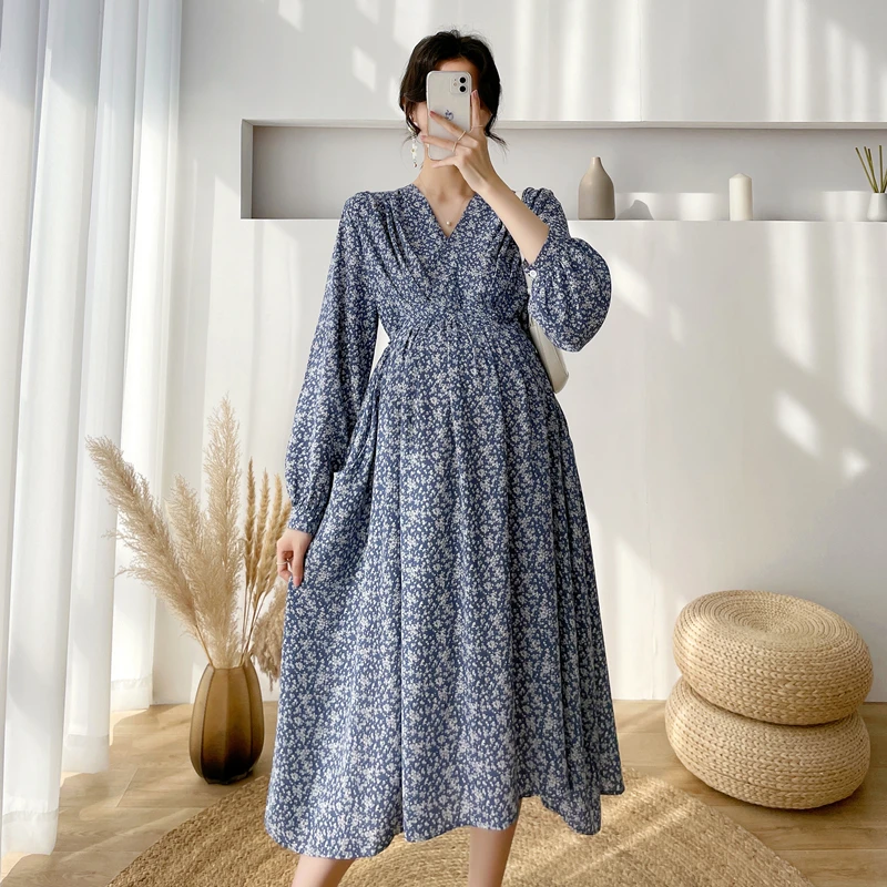 

8903# 2022 Spring Korean Fashion Floral Printed Maternity Long Dress V neck Slim A Line Clothes for Pregnant Women Pregnancy