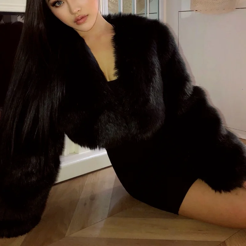 Black Imitation Fox Fur Coat Short Women's Winter Coat Thick Warm High Waist Faux Fox Fur Coat Fluffy Coat New Coats Women