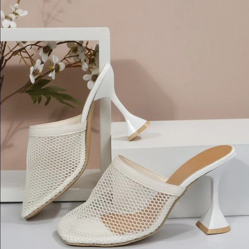 

2022 New Summer Shoes Women Sexy Hollow Mesh Square Toe Shoes Women High Heels Summer Party Mesh High Heel Sandals Large Size