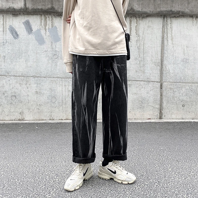 YIHANKE Men's Fashion Wide Leg Pants Baggy Homme Men Denim Trousers Classic Cargo Pocket Jeans Blue Men Casual Pants S-3XL