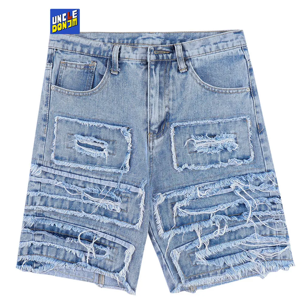 

Tearing Tattered Ripped Denim Shorts Men Summer High Street Cropped Pants Fashion Design Distressed Shorts