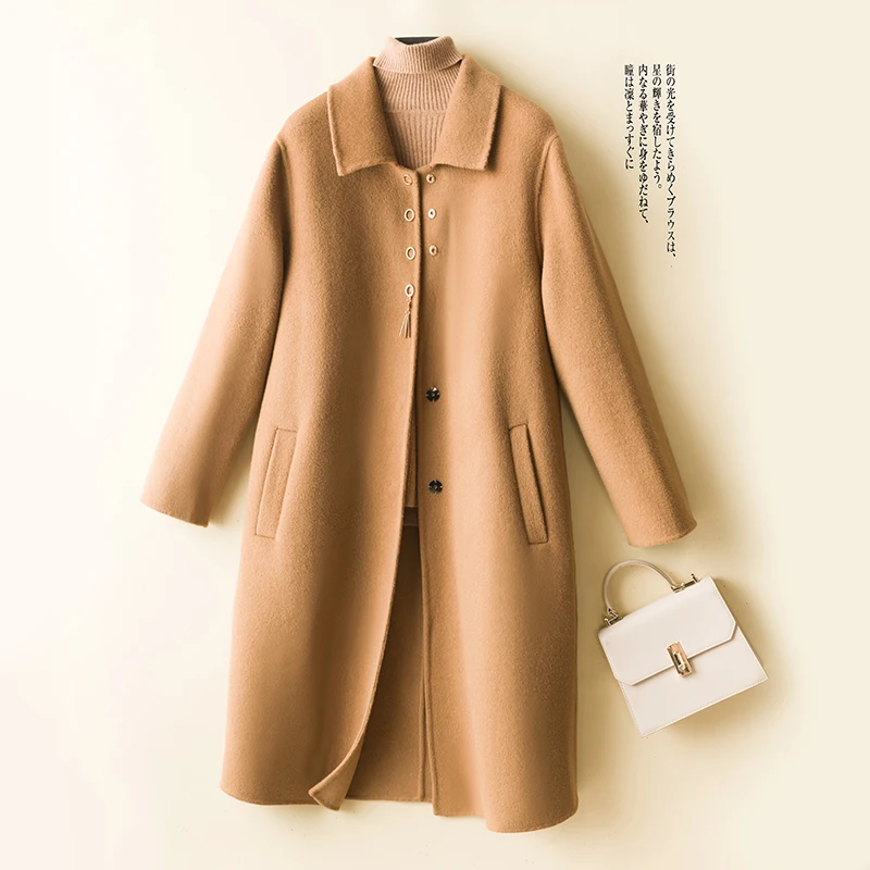 Autumn and winter pure wool double-sided woolen yellow coat women's mid-length slim woolen coat temperament large size slim fash