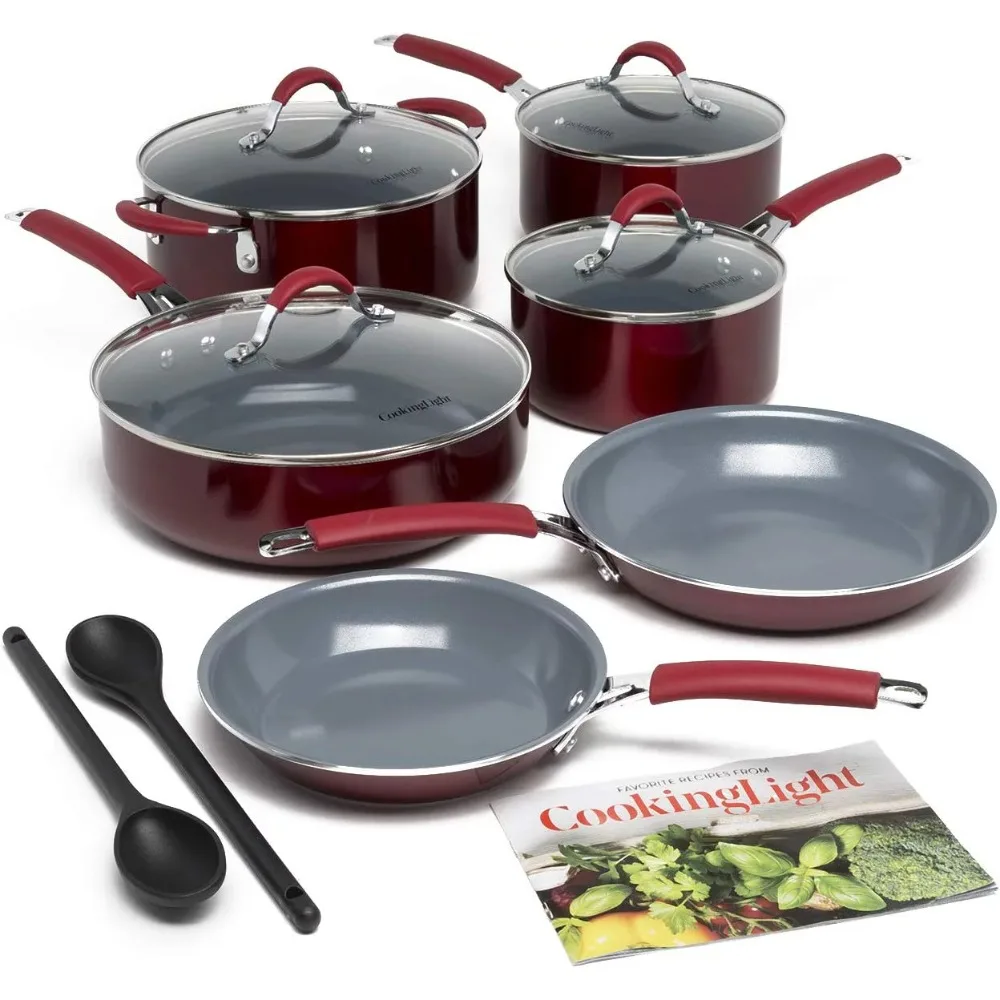 

12 Piece Non-Stick Ceramic Cookware Set, Red Pots and Pans Cooking Kitchen