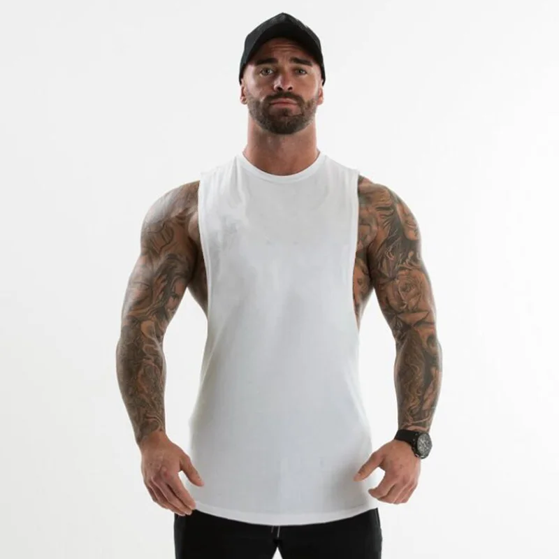 

Brand Bodybuilding Clothing Fitness Mens Flow Cut Off T-shirts Dropped Armholes Gym Tank Tops Workout Sleeveless Vest Tanktop