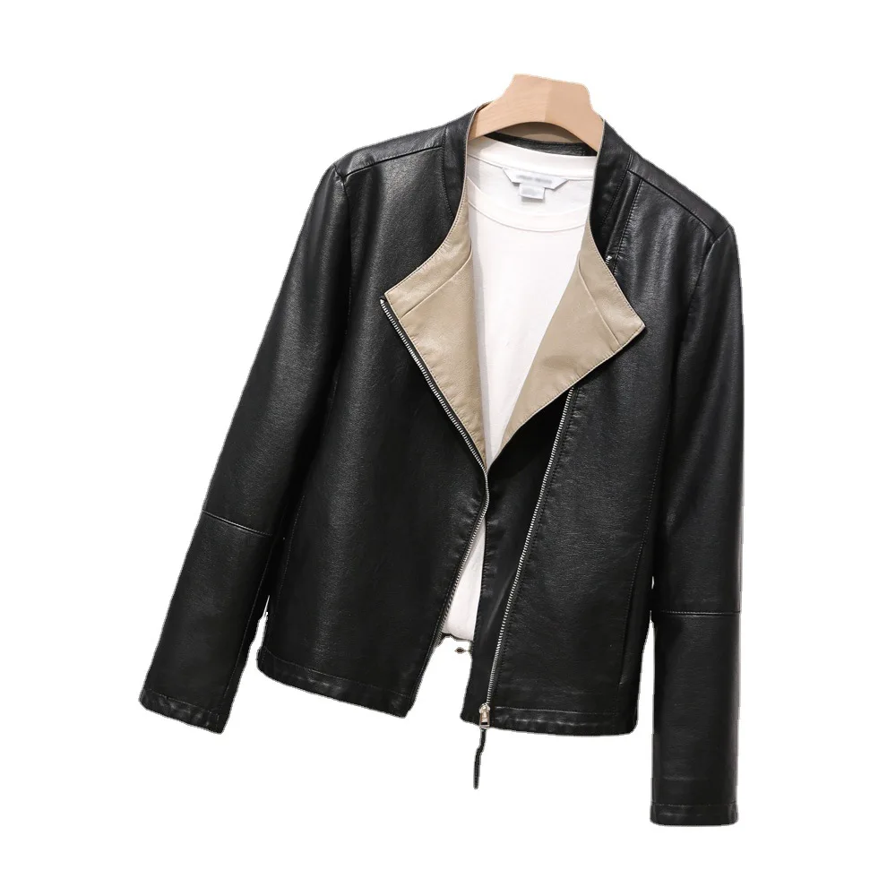 Aliexpress 2023 spring new women's collarless simple a zipper leather jacket jacket leather