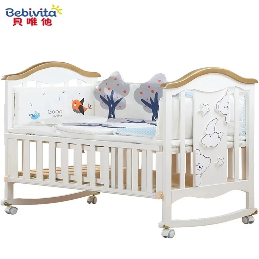 0-6 Years Baby Bed Solid Wood European Multifunctional White Baby Crib Cradle Bed Neonatal Stitching Bed With Bedding Cartoons