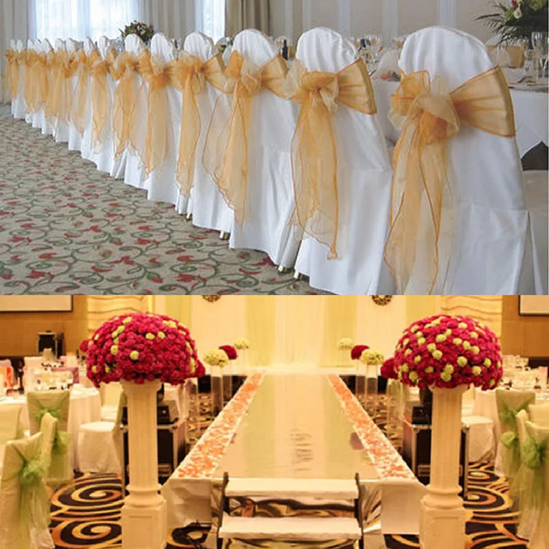 50pcs High Quality Organza Chair Sash Bow for Banquet Wedding Party Event Xmas Decoration Sheer Organza Fabric Supply 18cm*275cm images - 6