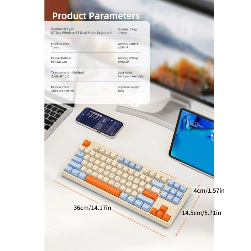 Беспроводная механическая клавиатура режимы BT5.0/2 4 ГГц Type-C Перезаряжаемая с 87