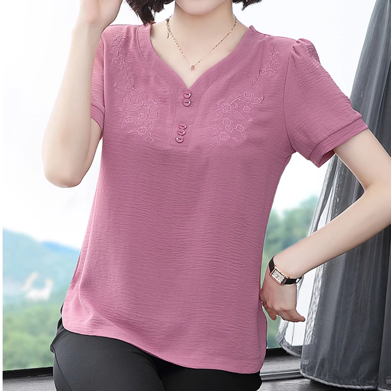 

Button T Shirt Women 2022 Summer Floral V Neck Cotton Tshirt Casual Short Sleeve Tees Korean Fashion Woman Clothes Ladies Tops