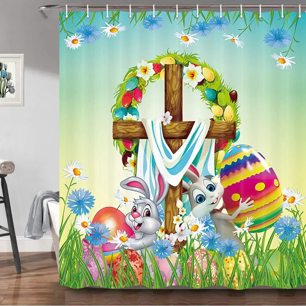 

Занавеска для душа с изображением милого кролика, цветные пасхальные яйца, весенние, Цветочные, зеленые, травяные занавески для ванной, водо...