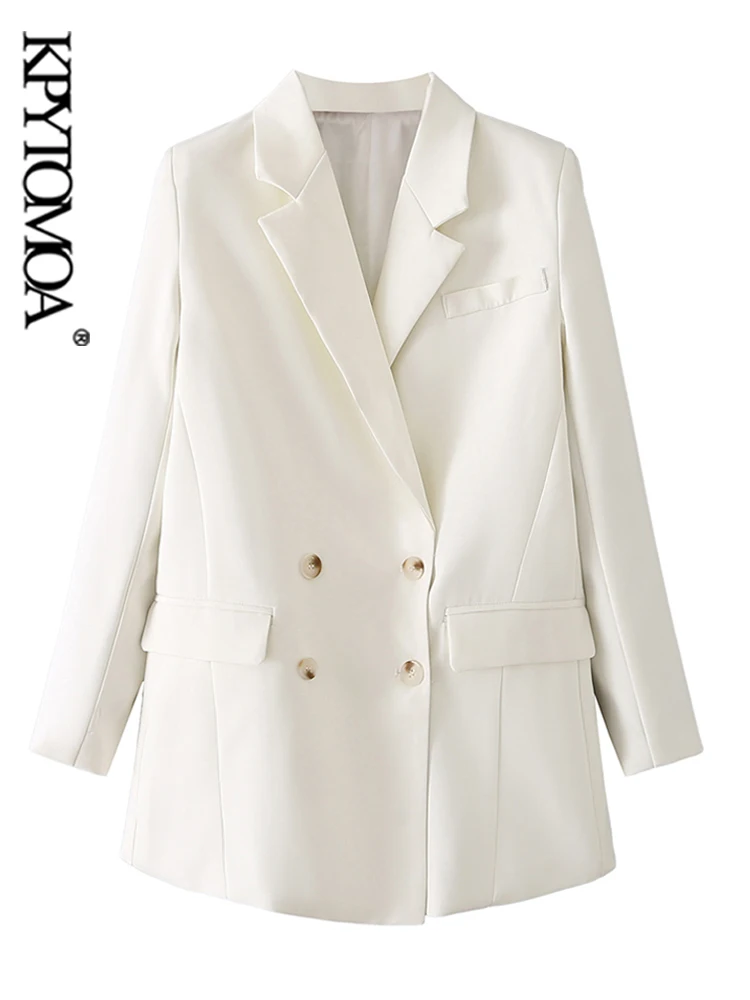

KPYTOMOA Women Fashion Double Breasted White Blazer Coat Vintage Long Sleeve Flap Pockets Female Outerwear Chic Veste Femme