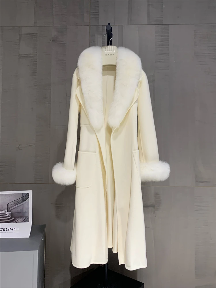 FURYOUME Luxury Real Fur Coat Winter Women Cashmere Wool Jacket Long Natural Fox Fur Collar Detachable Fashion Ladies Outerwear